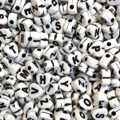 Acrylic Beads Flat HEART Alphabet Letters 7mm (1000) White w/Black Letters