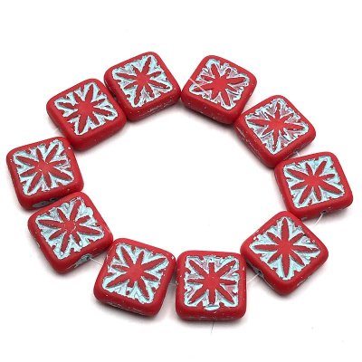 Czech Glass Beads Compas Square 14mm (10) Scarlet Red w/ Pale Turquoise Wash RRP $13