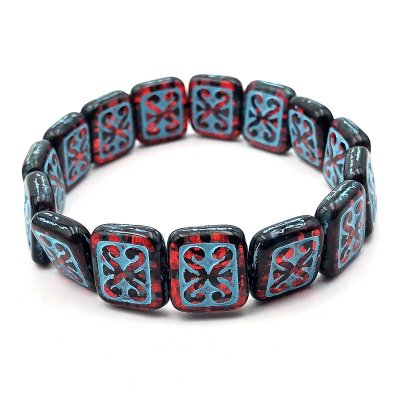 Czech Glass Beads Ornamental Rectangle 11x12mm (15) Ruby Red with a Turquoise Wash RRP $10