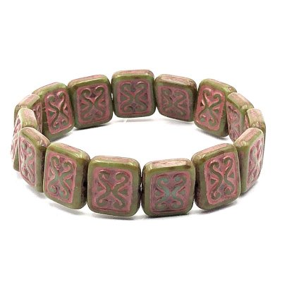 Czech Glass Beads Ornamental Rectangle 11x12mm (15) Tea Green w/ Heavy Picasso Finish & Red Wash RRP $10