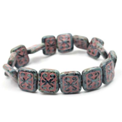 Czech Glass Beads Ornamental Rectangle 11x12mm (15)  Black w/Heavy Picasso Finish & Red Wash RRP $10