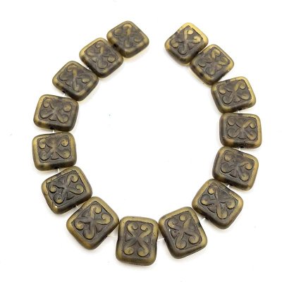 Czech Glass Beads Ornamental Rectangle 11x12mm (15)  Peridot w/ Brown Wash RRP $10