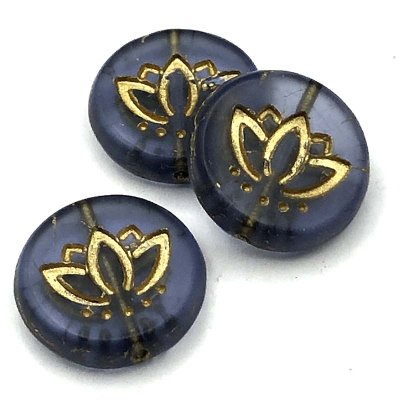 Czech Glass Beads Coin w/Lotus Flower 14mm (6) Tanzanite Purple Transparent Matte w/ Gold Wash