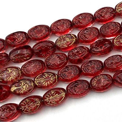 Glass Beads Oval Pressed Embossed 11x8mm (30) Red