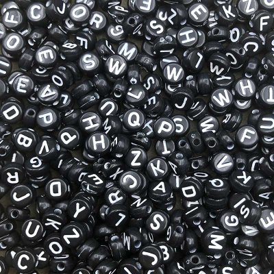 Acrylic Beads Flat Round Alphabet Letters 7mm (1000) Black w/ White Letters