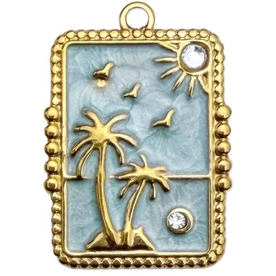 Stainless Steel Pendant Premium Collection Rectangle Palms 26x18mm (1) Blue 304 18K Gold
