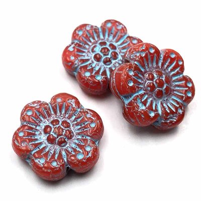 Czech Glass Beads Flower Wild Rose 14mm (10) Burnt Orange Opaque w/ Turquoise