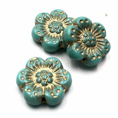 Czech Glass Beads Flower Wild Rose 14mm (10) Turquoise Opaque w/ Gold