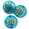 Czech Glass Beads Coin w/Lotus Flower 14mm (6) Deep Aqua Blue Transparent Matte w/ Gold Wash