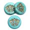 Czech Glass Beads Coin w/Lotus Flower 14mm (6) Turquoise Opaque Matte w/ Gold Wash
