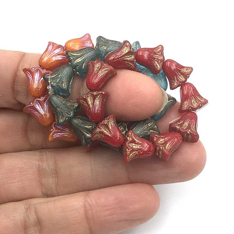 Czech Glass Beads Flower Lily 9x10mm (10) Red Opaline w/ Gold Wash