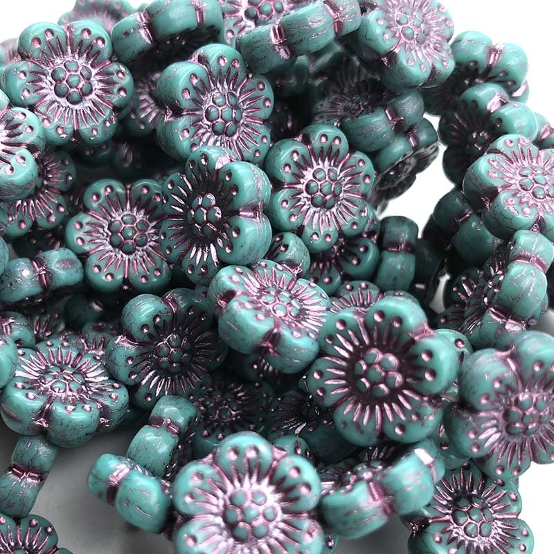 Czech Glass Beads Flower Wild Rose 14mm (10) Turquoise Opaque w/ Pink Wash