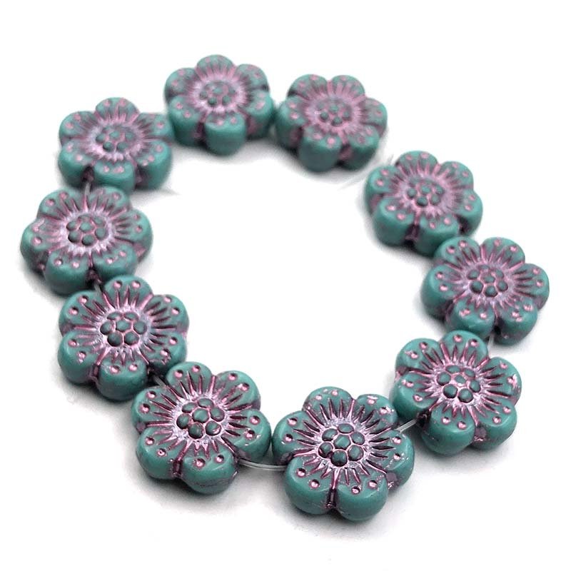 Czech Glass Beads Flower Wild Rose 14mm (10) Turquoise Opaque w/ Pink Wash