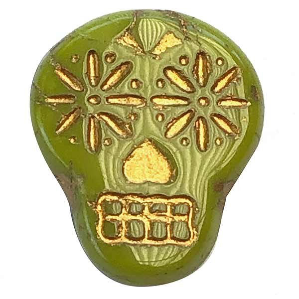 Czech Glass Beads Sugar Skull Flat 20x17mm (1) Gaspeite Green Opaque w/ Gold Wash