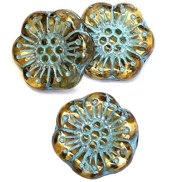 Czech Glass Beads Flower Wild Rose Large 18mm (5) Ivory w/ Picasso & Turquoise Wash