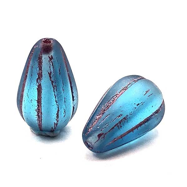 Czech Glass Beads Drop Melon 13x8mm (10) Matt Sapphire w/Pink