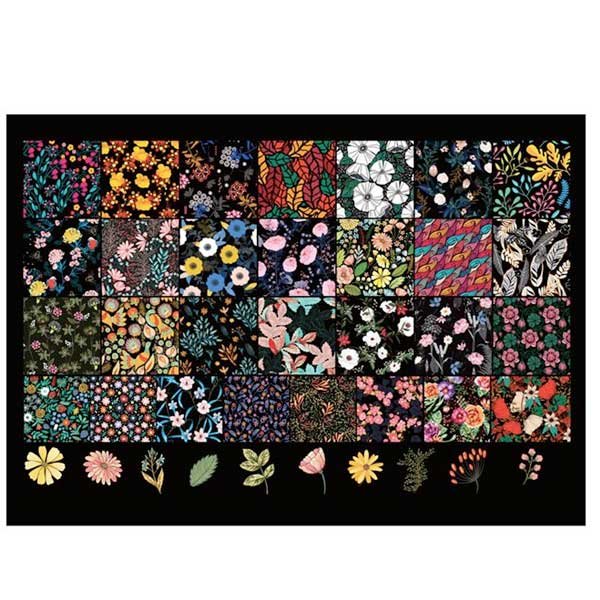 Printed Collage Sheet Floral Background Black 20 to 10mm Squares - 150gsm Coated Paper