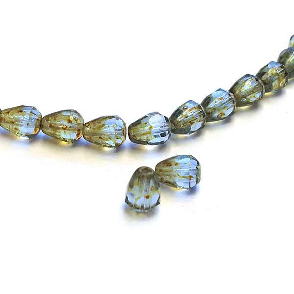 Czech Glass Beads Faceted Drop Bottom Cut 8x6mm (10) Sapphire Green w/ Picasso