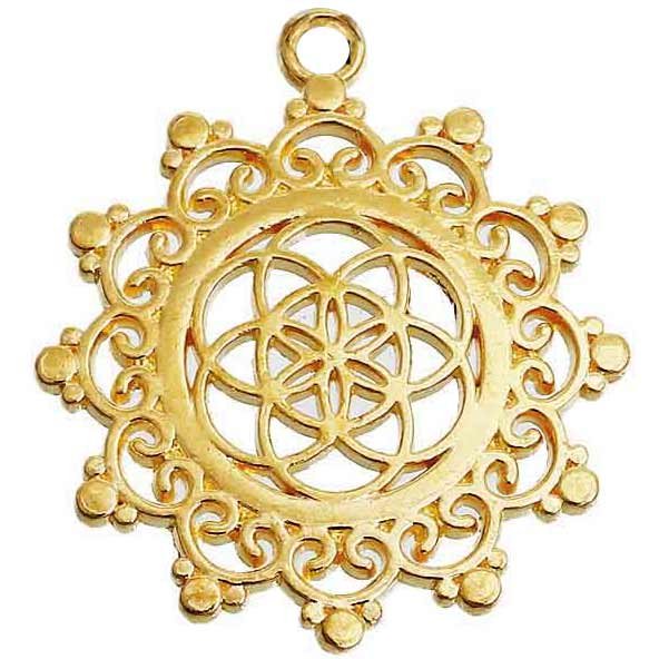 Cast Metal Pendant Seed of Life Meditation Ornate 34x30mm (1) Gold
