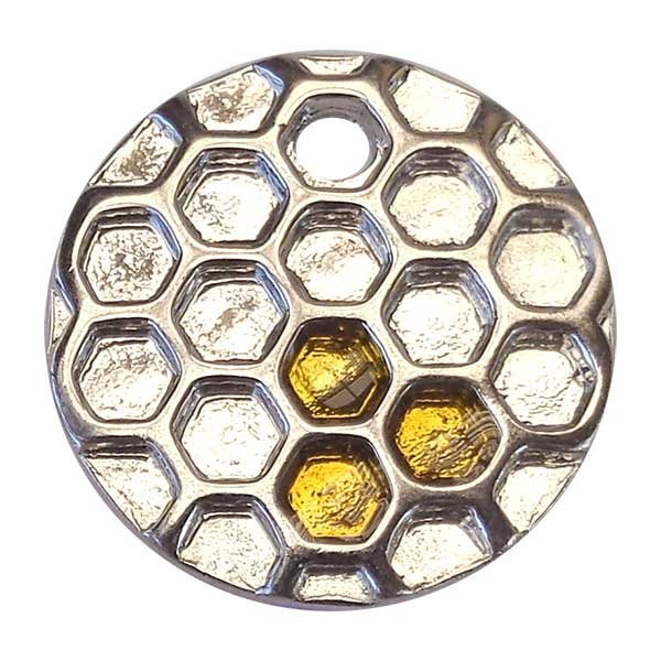 Cast Metal Charm Bee Honeycomb Round (1) Silver w/Yellow Enamel