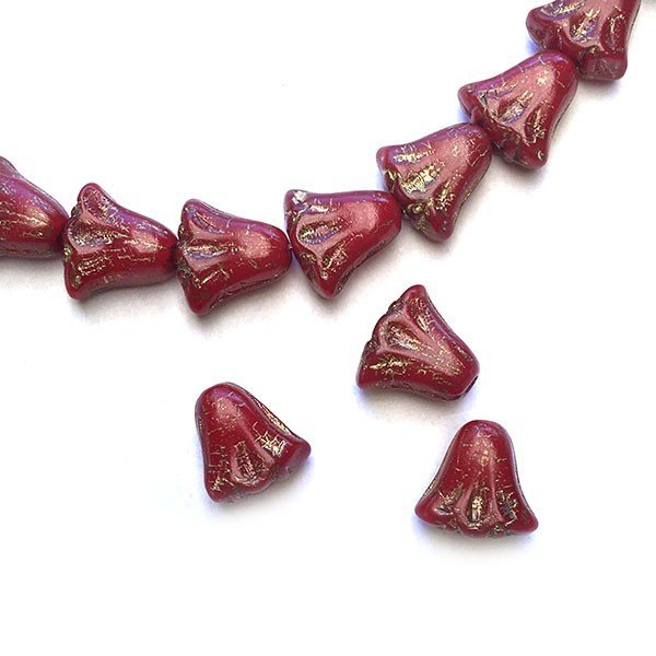 Czech Glass Beads Flower Lily 9x10mm (10) Red Opaline w/ Gold Wash