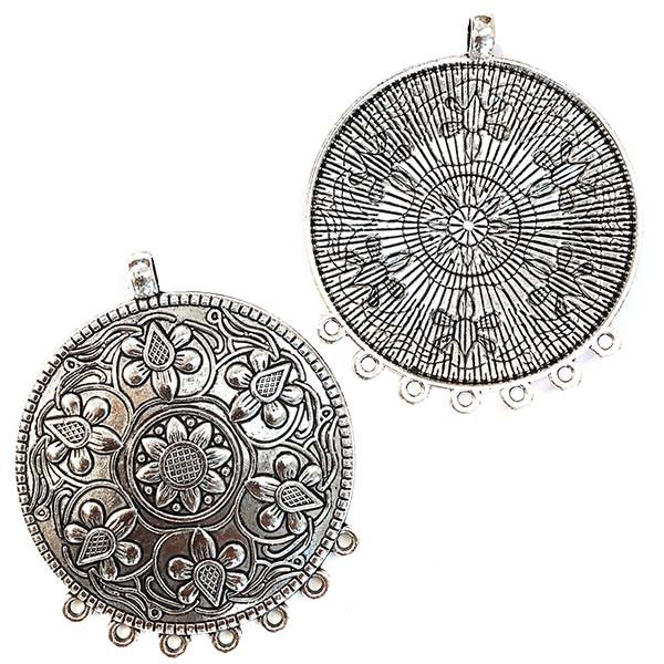 Cast Metal Pendant Flat Round Embossed Floral w/7 Holes Hanging 70x57mm (1) Antique Silver