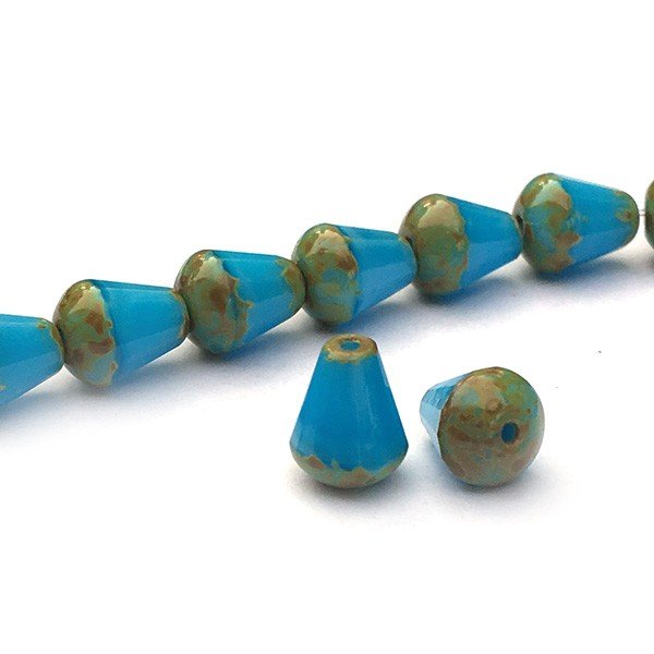 Czech Glass Beads Faceted Drop Bottom Cut 8x6mm (10) Denim Blue Silk with Picasso Finish