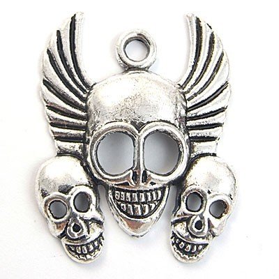 Cast Metal Pendant Skull Three w/Wings (4) Antique Silver