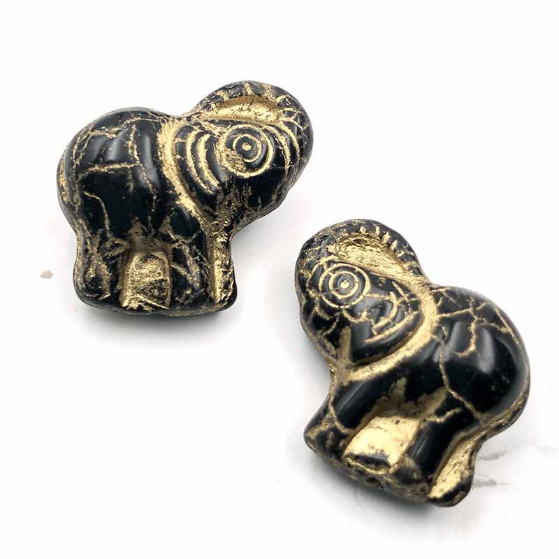 Czech Glass Beads Elephant 20x23mm (1) Black w/Gold Wash