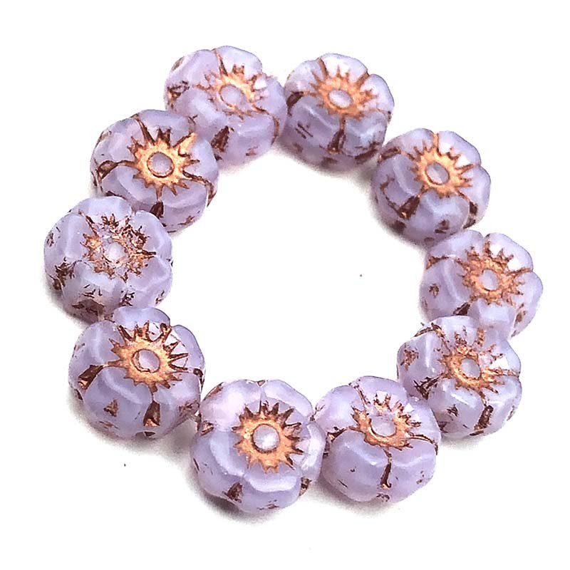 Czech Glass Beads Flower Hibiscus Hawaiian Mini 7mm (10) Lilac Purple Silk w/ Copper Wash