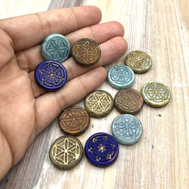 Czech Glass Beads Coin Flower of Life 18mm (1) Crystal w/Gold