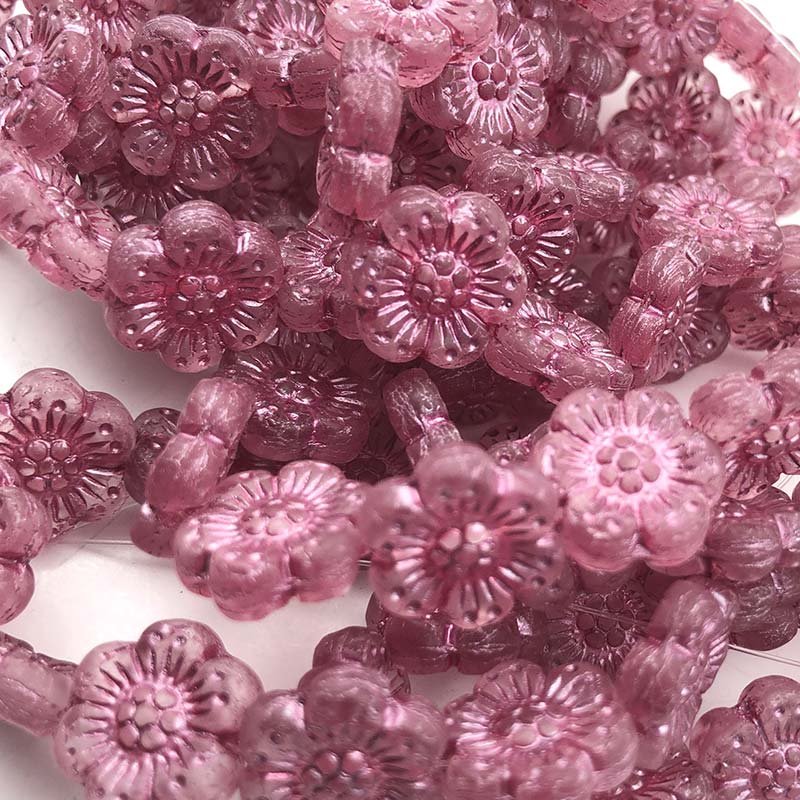 Czech Glass Beads Flower Wild Rose 14mm (10)  Pink  Matte w/ Pink Was