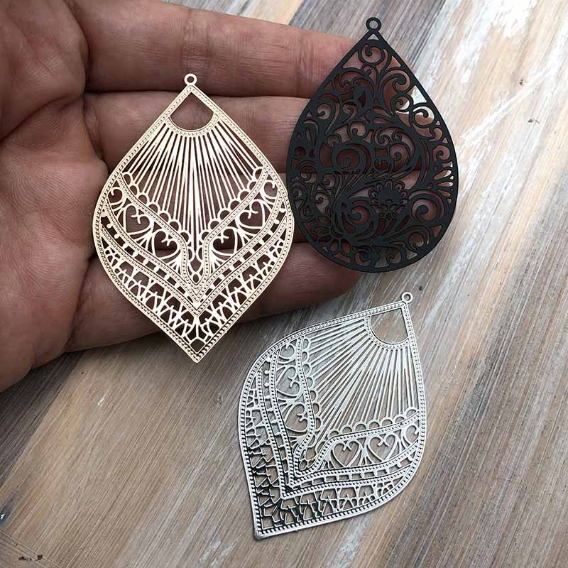 Cast Metal Charm Filigree Stamping Iron Style 002 59x39mm (2) KC Plated
