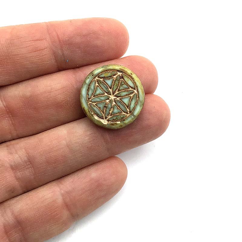 Czech Glass Beads Coin Flower of Life Table Cut 18mm (1) Mint w/ Picasso Finish & Gold Wash
