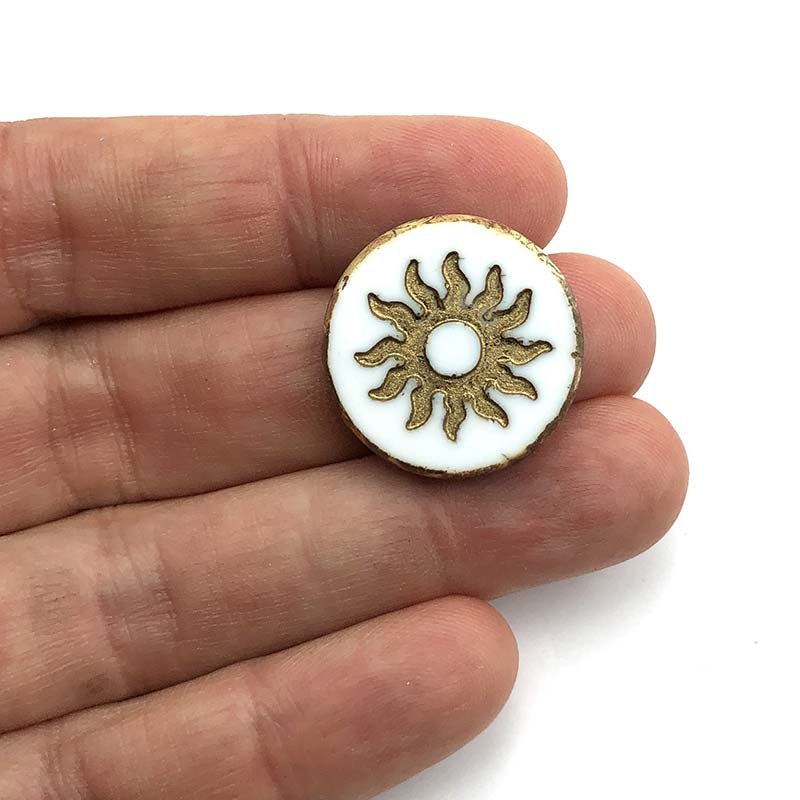 Czech Glass Beads Coin w/Sun 22mm (1) White w/ Picasso Finish & Bronze Wash