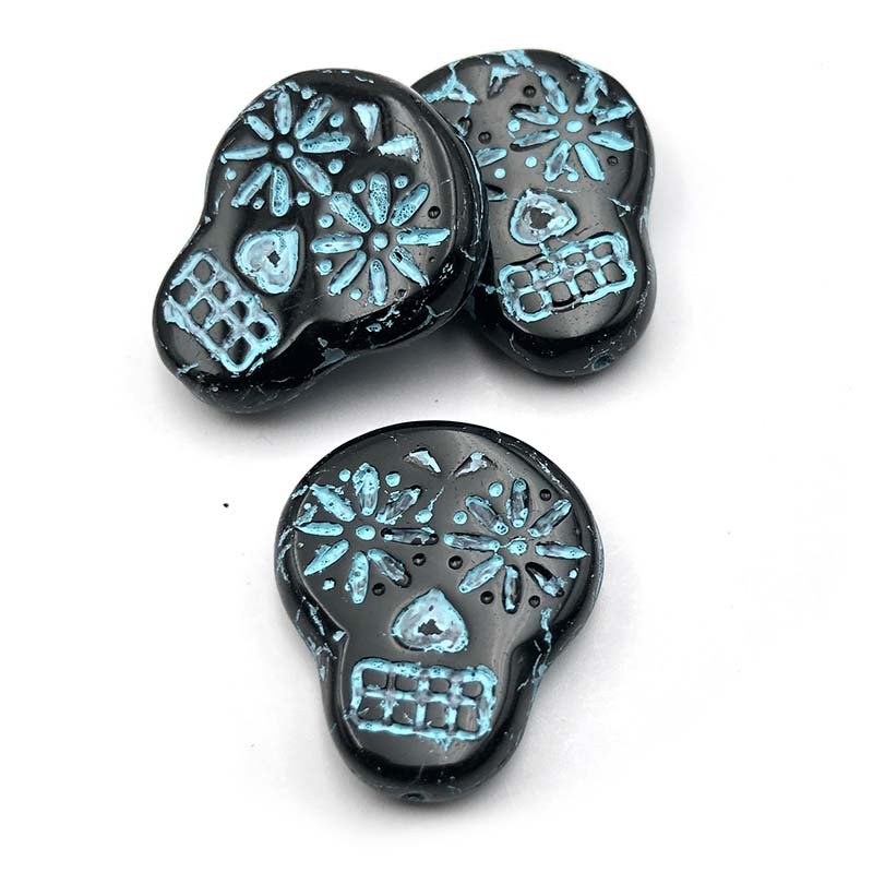 Czech Glass Beads Sugar Skull Flat 20x17mm (1) Black Opaque w/ Blue Wash