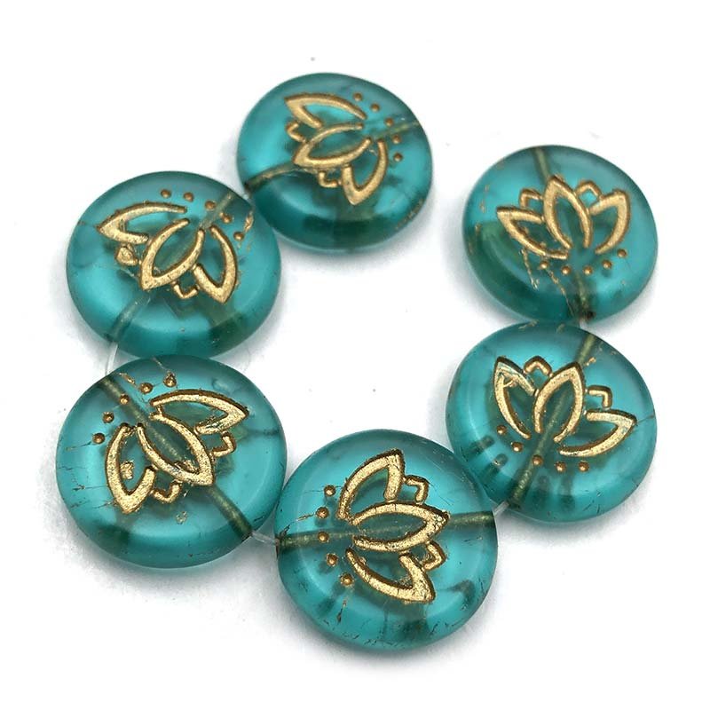 Czech Glass Beads Coin w/Lotus Flower 14mm (6) Matt Aqua Green Transparent w/ Gold