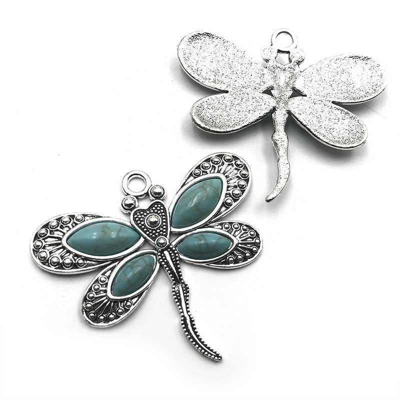 Cast Metal Pendant Dragonfly Boho 60x53mm (1) Turquoise - Antique Silver