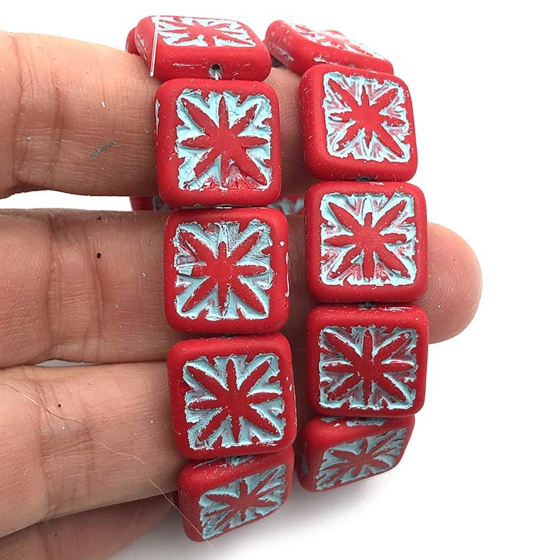 Czech Glass Beads Compas Square 14mm (10) Scarlet Red w/ Pale Turquoise Wash