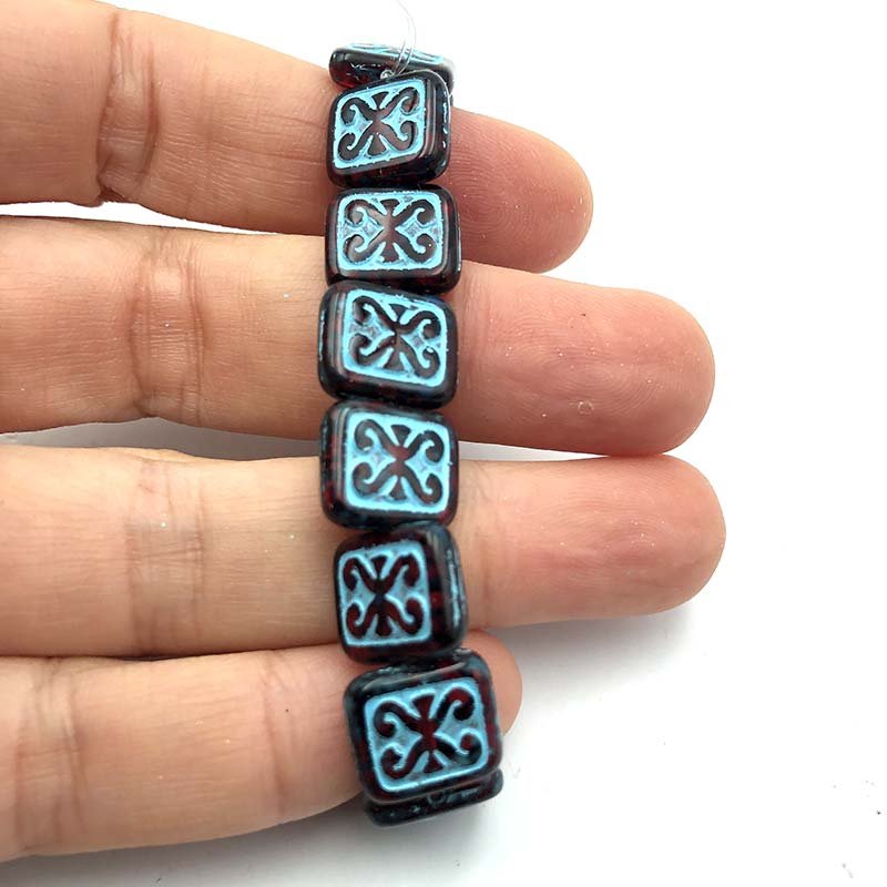 Czech Glass Beads Ornamental Rectangle 11x12mm (15) Ruby Red with a Turquoise Wash