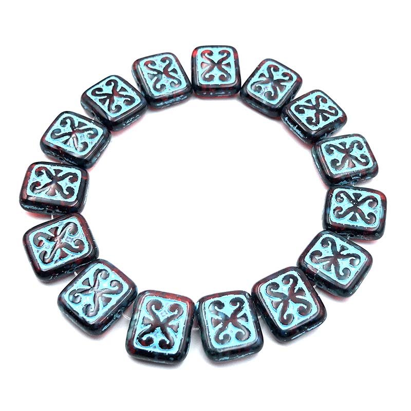 Czech Glass Beads Ornamental Rectangle 11x12mm (15) Ruby Red with a Turquoise Wash