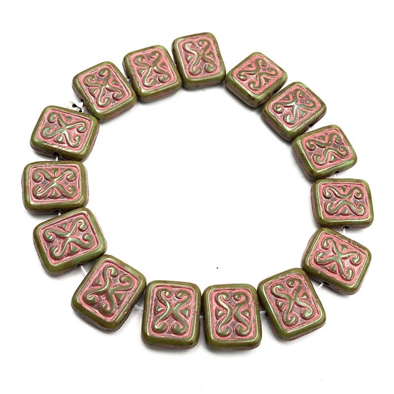 Czech Glass Beads Ornamental Rectangle 11x12mm (15) Tea Green w/ Heavy Picasso Finish & Red Wash