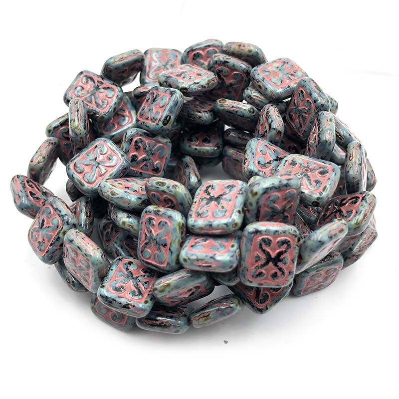 Czech Glass Beads Ornamental Rectangle 11x12mm (15)  Black w/Heavy Picasso Finish & Red Wash