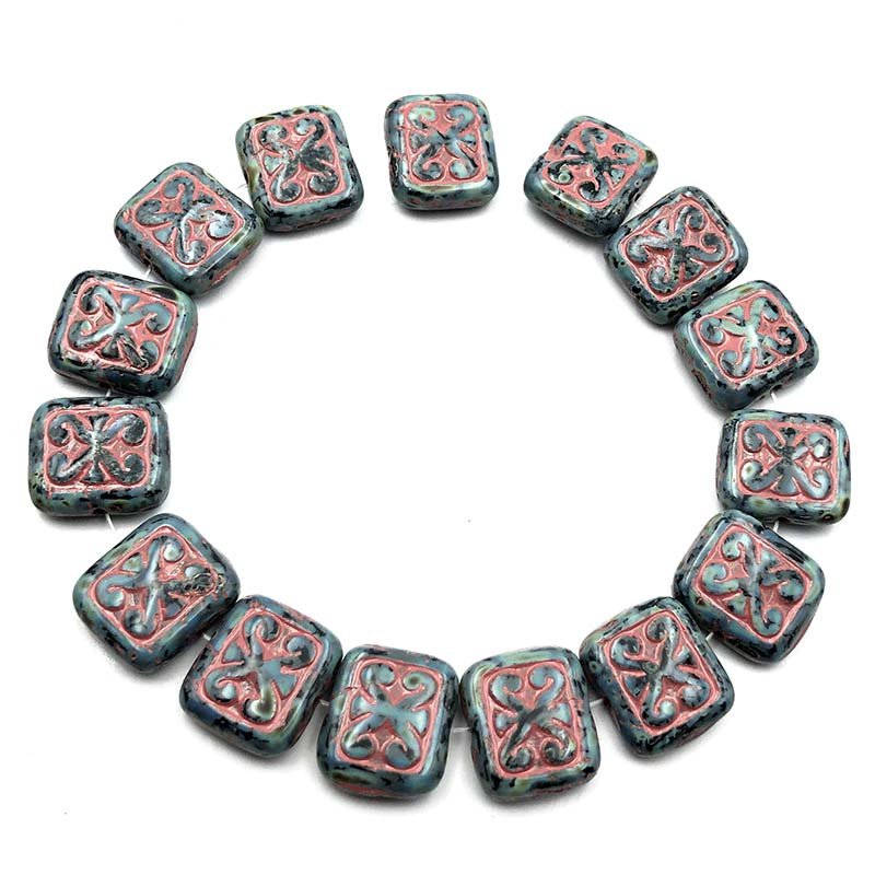 Czech Glass Beads Ornamental Rectangle 11x12mm (15)  Black w/Heavy Picasso Finish & Red Wash