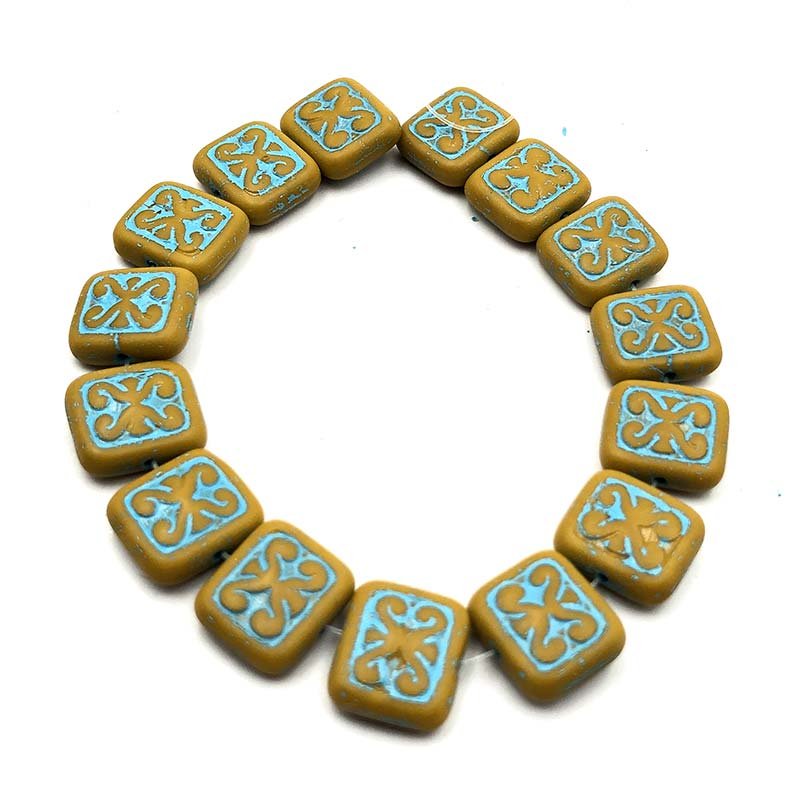 Czech Glass Beads Ornamental Rectangle 11x12mm (15)  Lemon Yellow w/ Turquoise Wash
