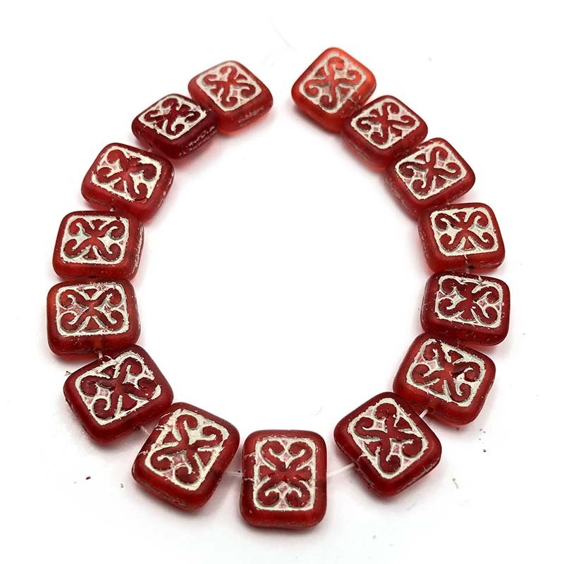 Czech Glass Beads Ornamental Rectangle 11x12mm (15)  Scarlet w/ White Wash