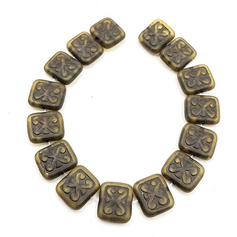 Czech Glass Beads Ornamental Rectangle 11x12mm (15)  Peridot w/ Brown Wash